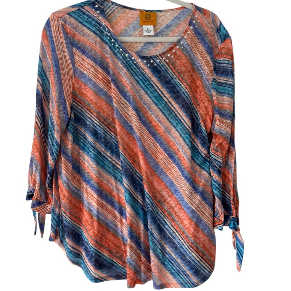 Ruby Rd Womens XL Blue Orange Striped Rhinestone Neck 3/4 Sleeve Tie Cuff Top